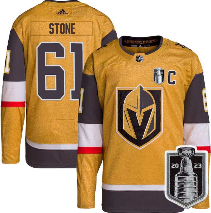 Men%27s Vegas Golden Knights #61 Mark Stone Gold 2023 Stanley Cup Final Stitched Jersey Dzhi